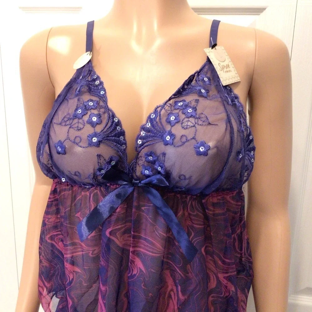 Spree Intimates 2pc Navy Swirl Mesh Camisole Babydoll Nightie Set Size L or XL
